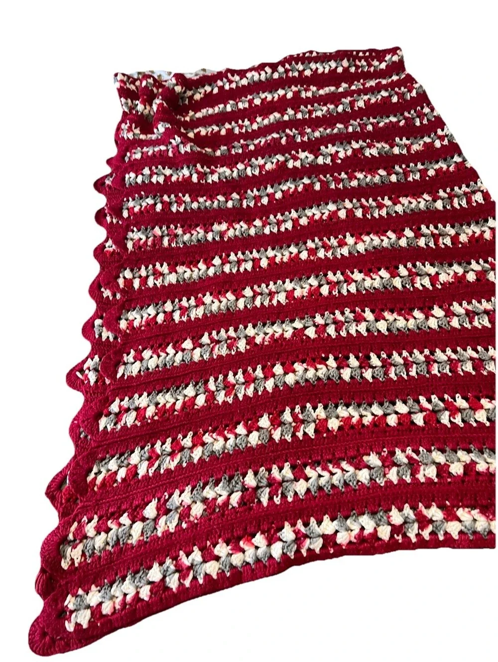 Vintage Handmade Crochet Red /Maroon, White, Gray Afghan 50”X 60”